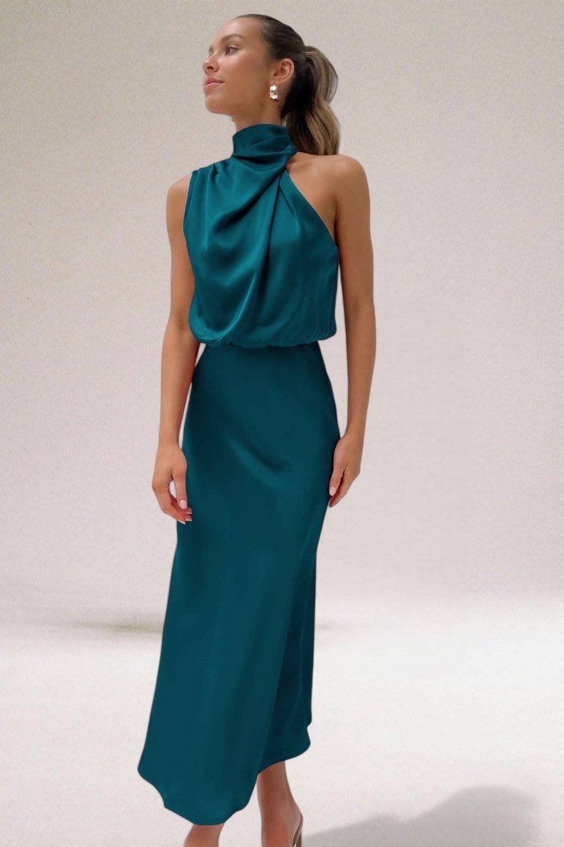 Aveline | Women's Satin Gathered Halter-Neck Maxi Dress