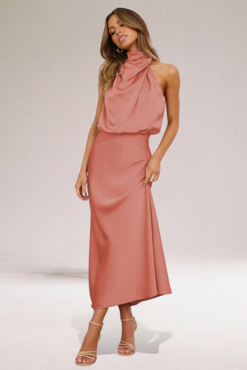 Aveline | Women's Satin Gathered Halter-Neck Maxi Dress