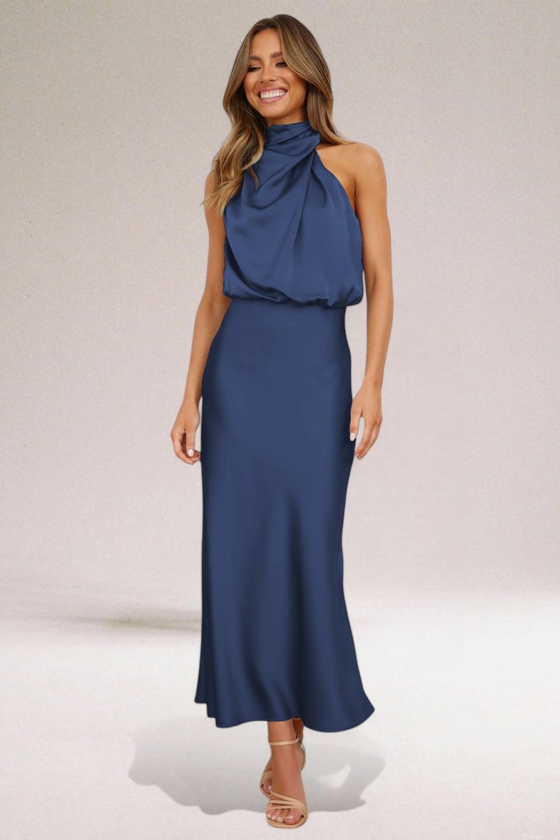Aveline | Women's Satin Gathered Halter-Neck Maxi Dress