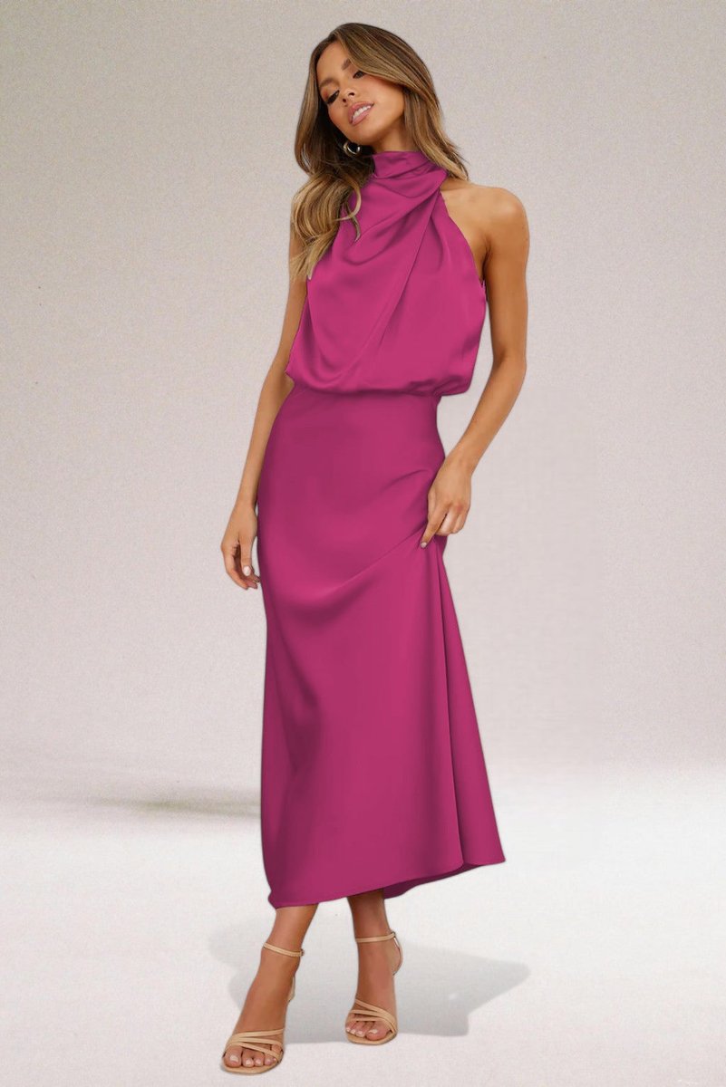 Aveline | Women's Satin Gathered Halter-Neck Maxi Dress