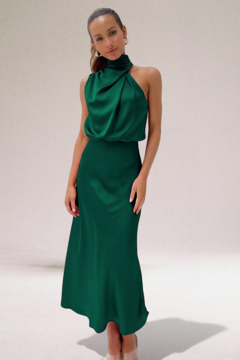 Aveline | Women's Satin Gathered Halter-Neck Maxi Dress