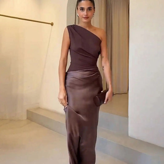 Aurelia | Women's One-Shoulder Asymmetric Draped Satin Party Maxi Dress