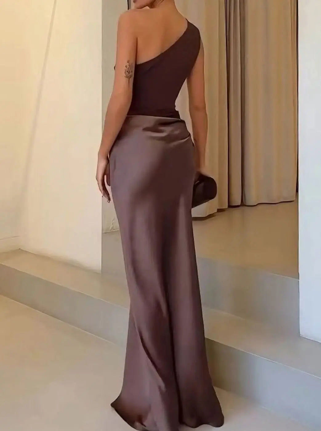 Aurelia | Women's One-Shoulder Asymmetric Draped Satin Party Maxi Dress