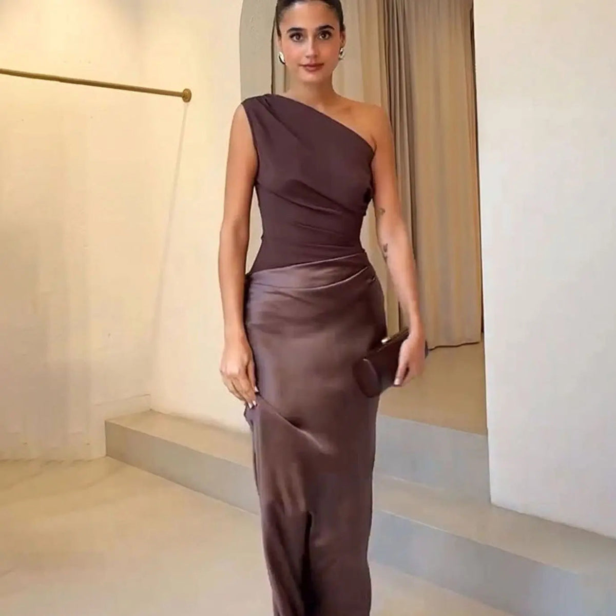 Aurelia | Women's One-Shoulder Asymmetric Draped Satin Party Maxi Dress