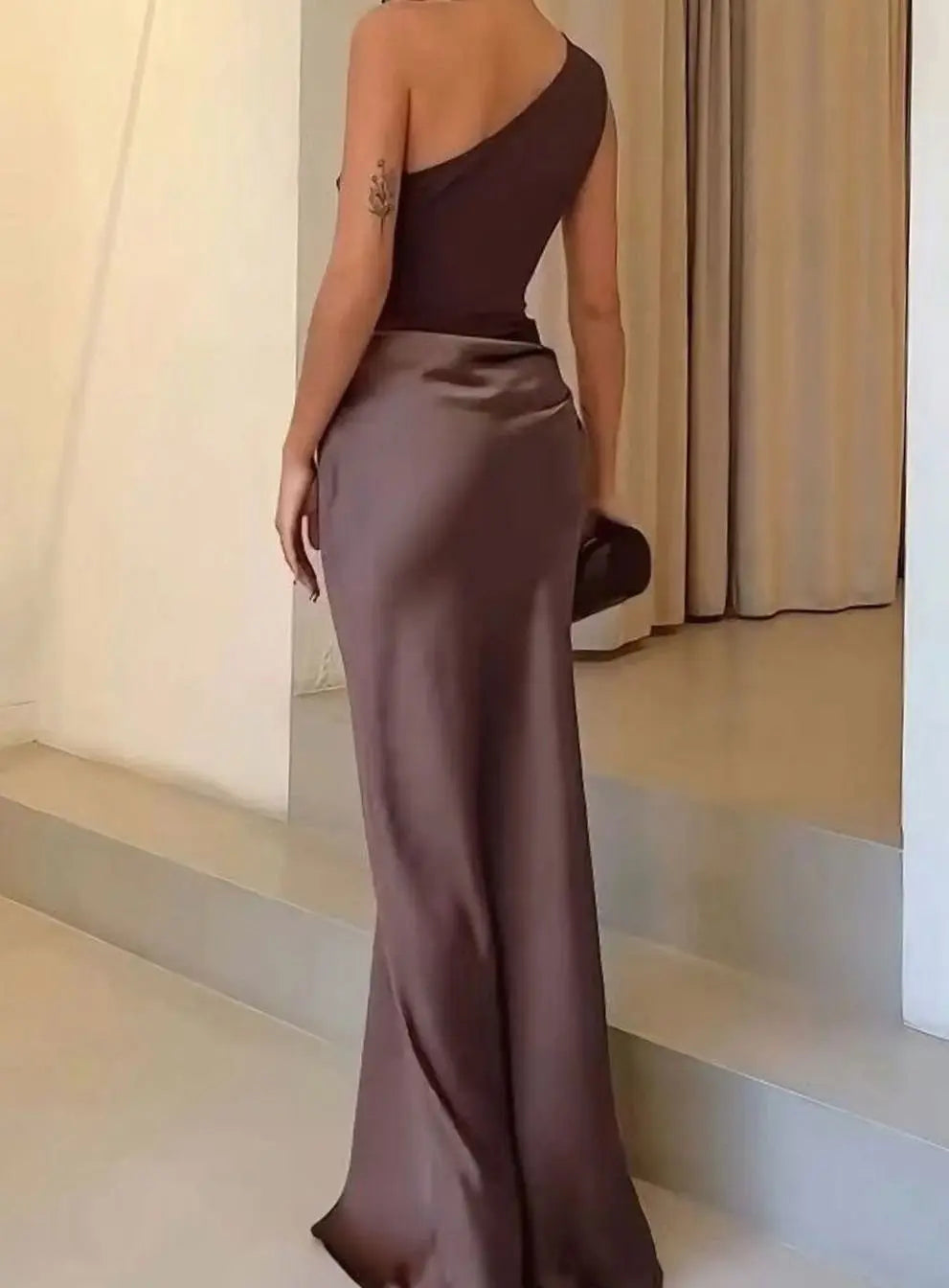 Aurelia | Women's One-Shoulder Asymmetric Draped Satin Party Maxi Dress
