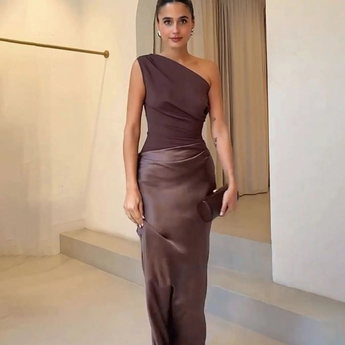 Aurelia | Women's One-Shoulder Asymmetric Draped Satin Party Maxi Dress