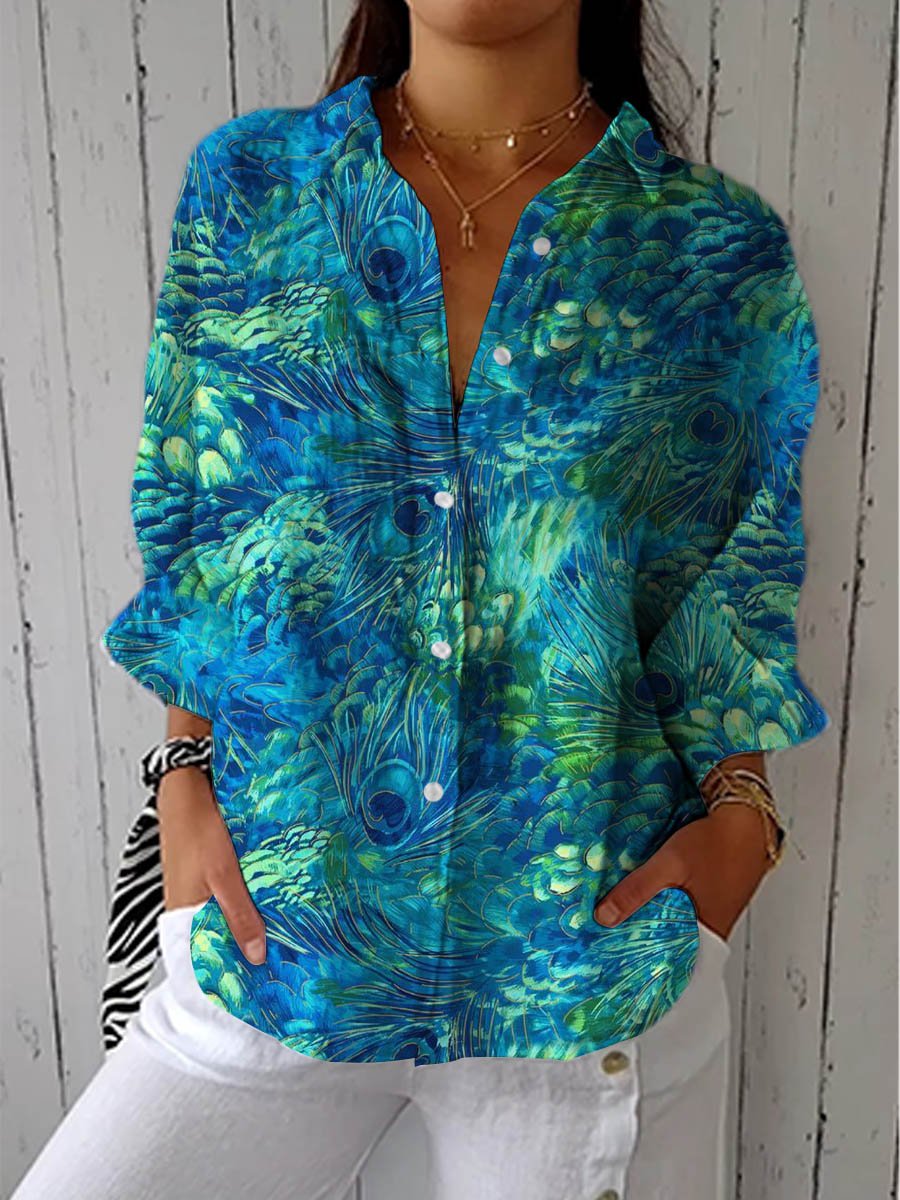 Esméra | Women's Peacock Print Button Front Blouse