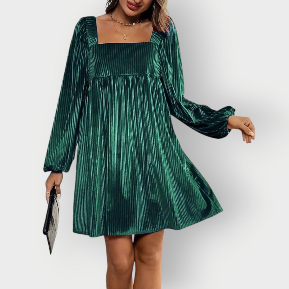 Adalyn | Women's Pleated Velvet Square-Neck Bishop Sleeve Mini Dress