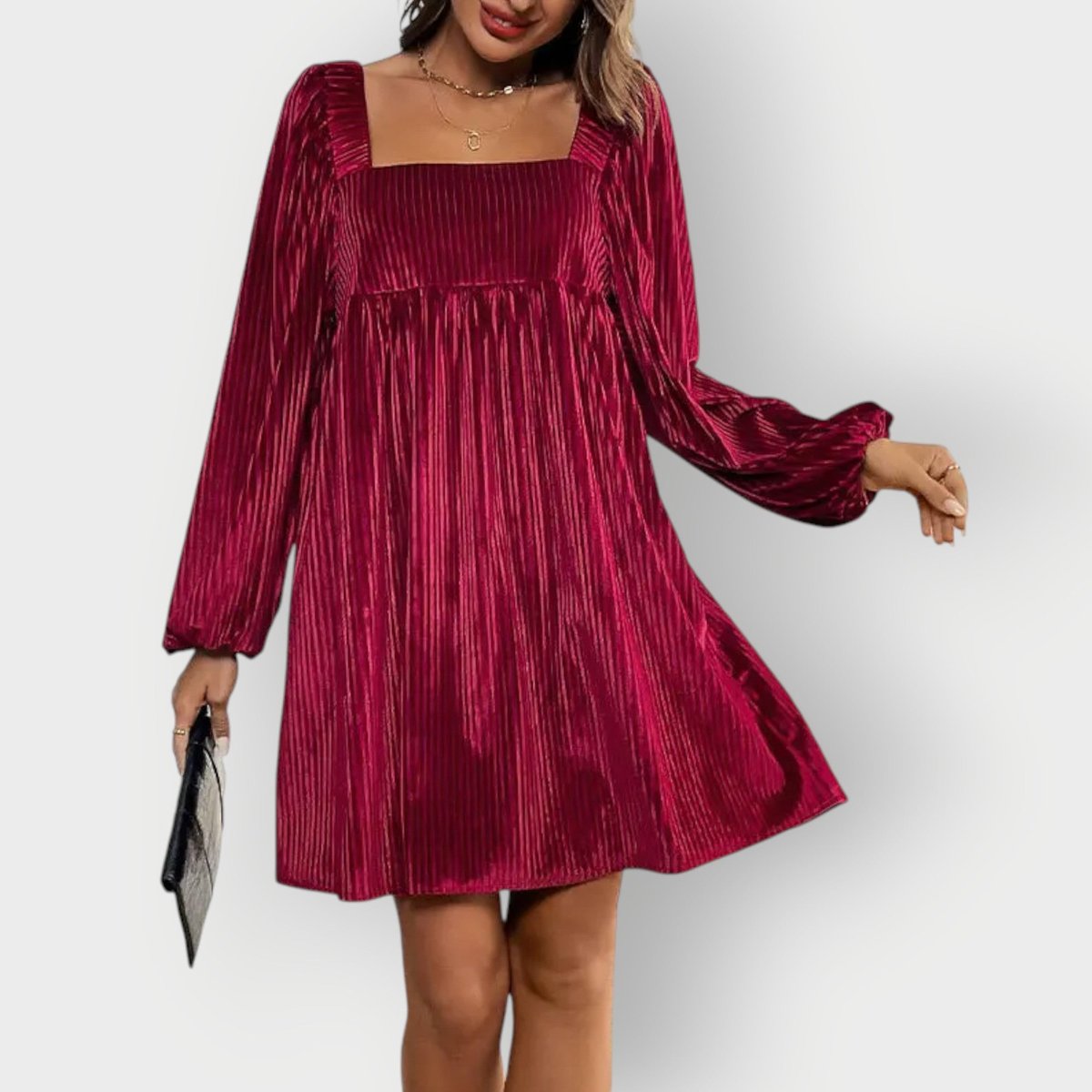 Adalyn | Women's Pleated Velvet Square-Neck Bishop Sleeve Mini Dress