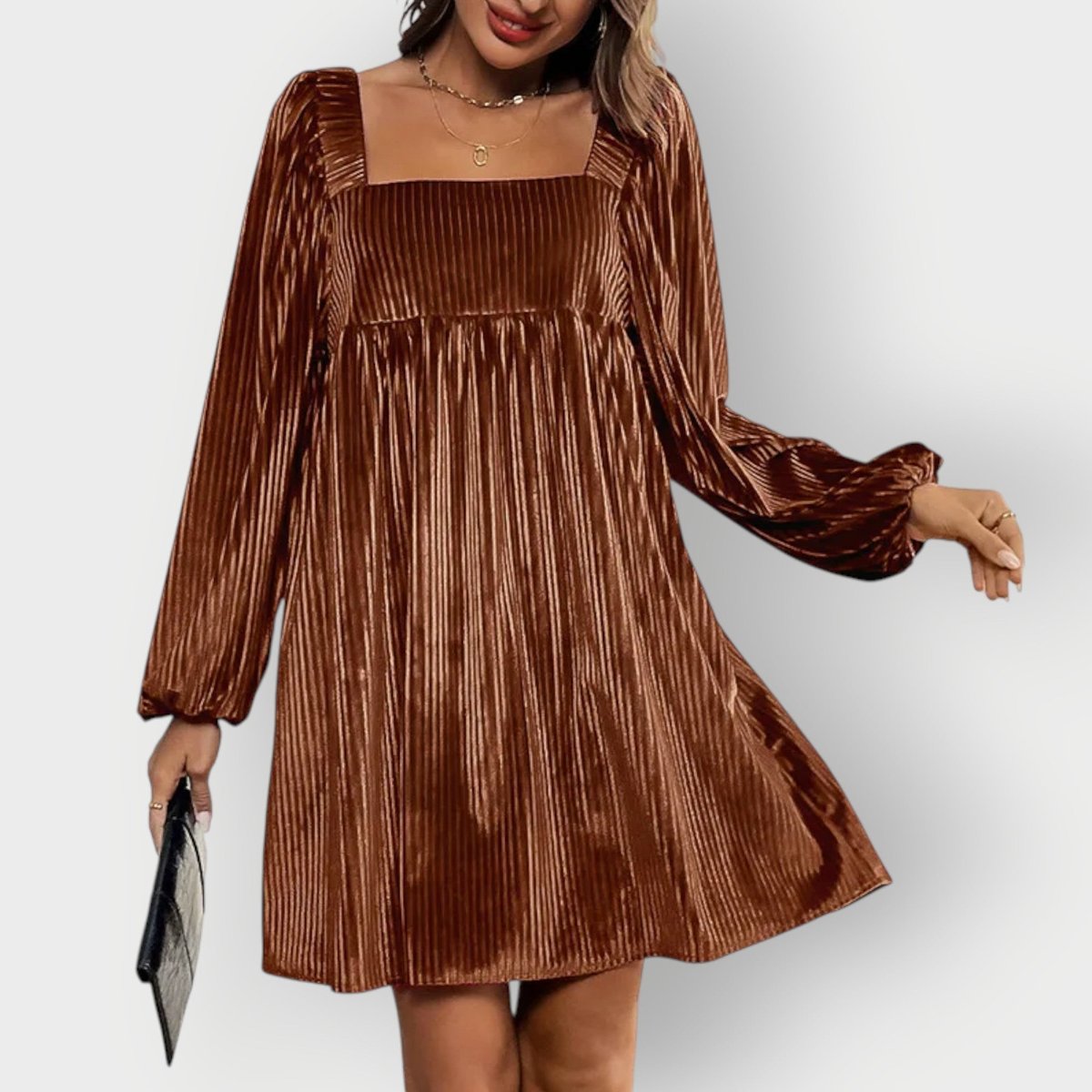 Adalyn | Women's Pleated Velvet Square-Neck Bishop Sleeve Mini Dress