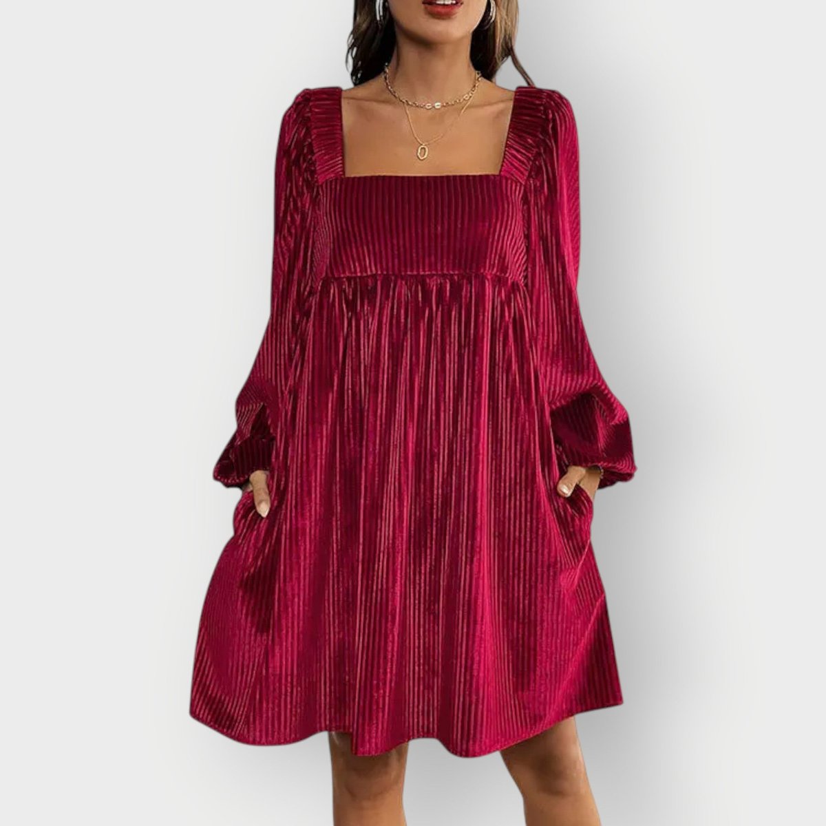 Adalyn | Women's Pleated Velvet Square-Neck Bishop Sleeve Mini Dress