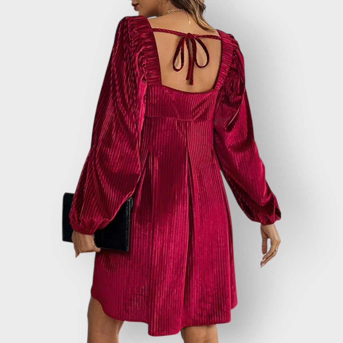 Adalyn | Women's Pleated Velvet Square-Neck Bishop Sleeve Mini Dress