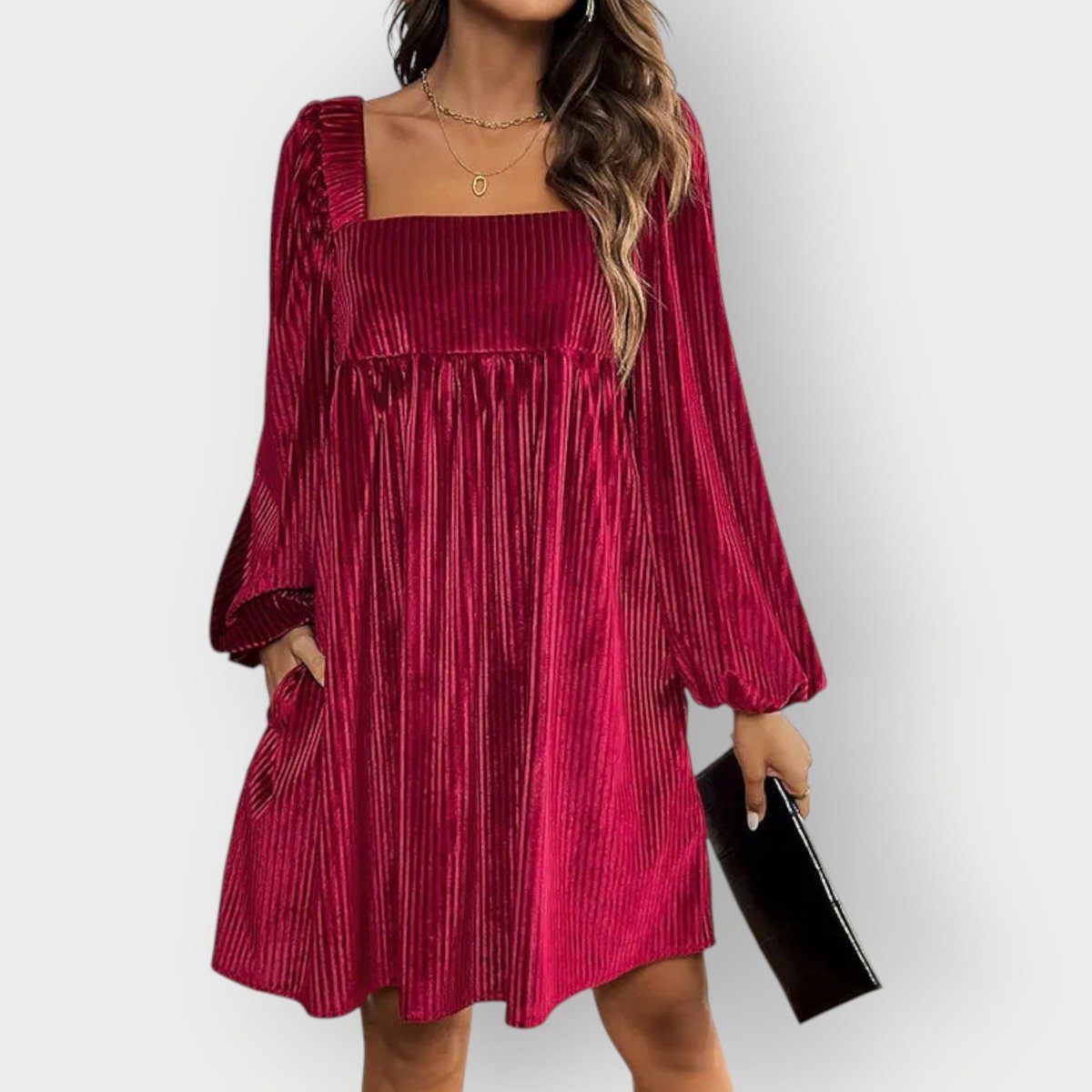 Adalyn | Women's Pleated Velvet Square-Neck Bishop Sleeve Mini Dress