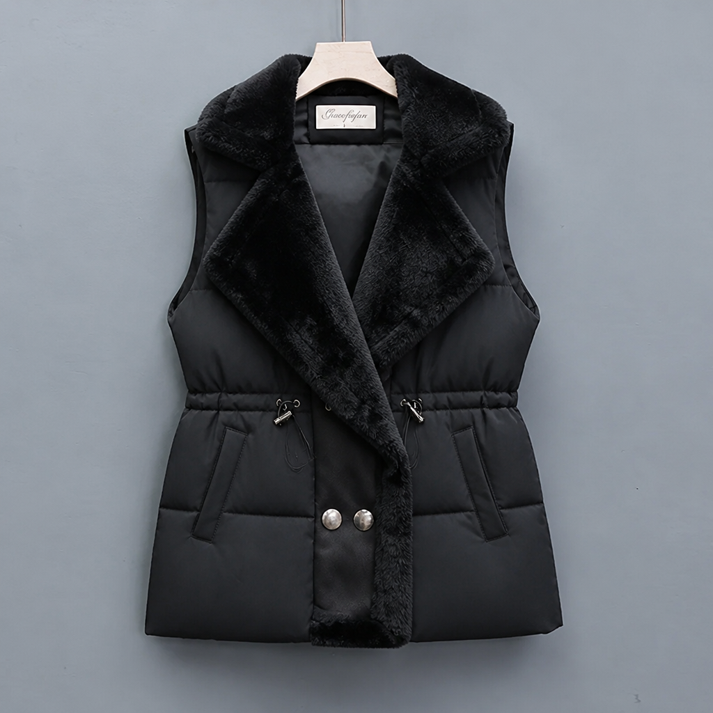 Women's Padded Gilet with Plush Collar & Cinched Waist