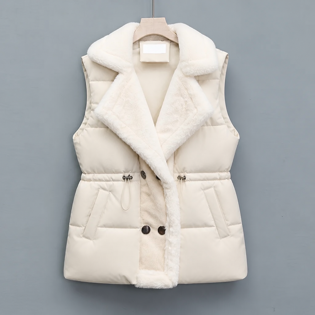 Women's Padded Gilet with Plush Collar & Cinched Waist