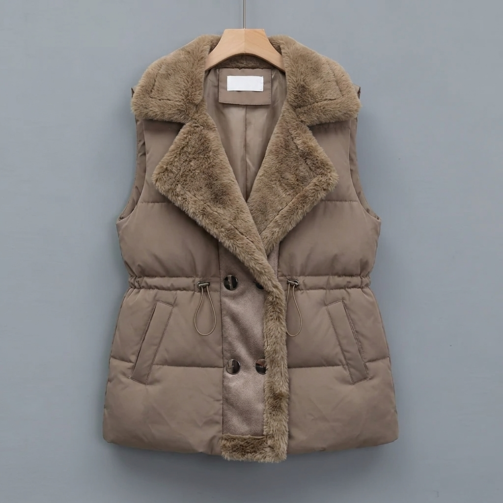 Women's Padded Gilet with Plush Collar & Cinched Waist