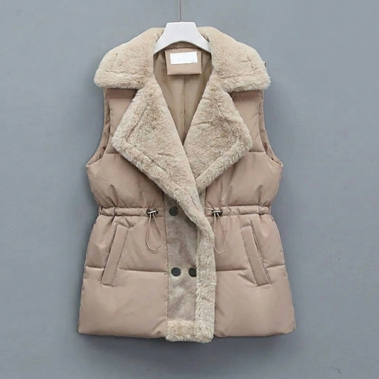 Women's Padded Gilet with Plush Collar & Cinched Waist