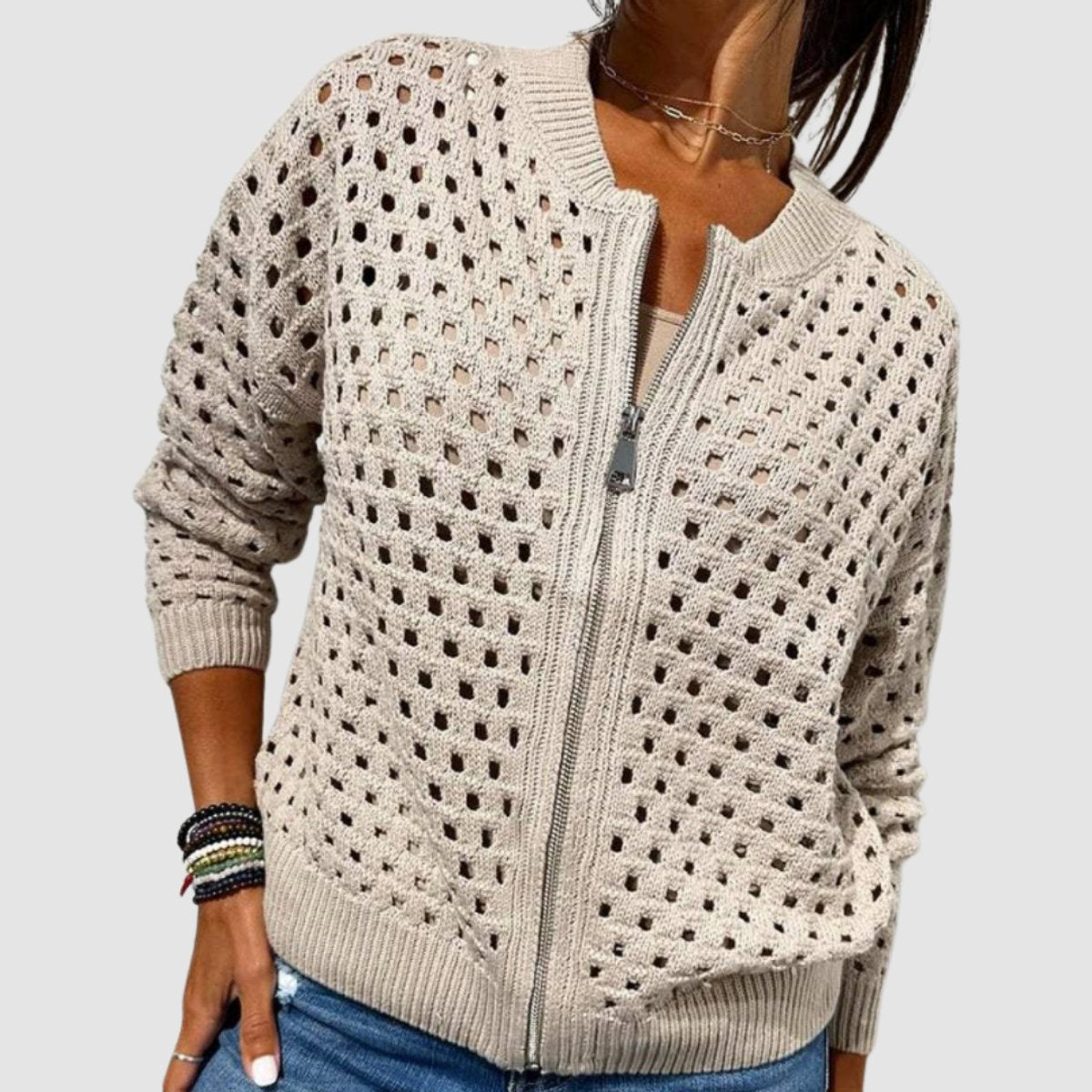 Évarine | Women's Hollow-Knit Zip-Up Cardigan