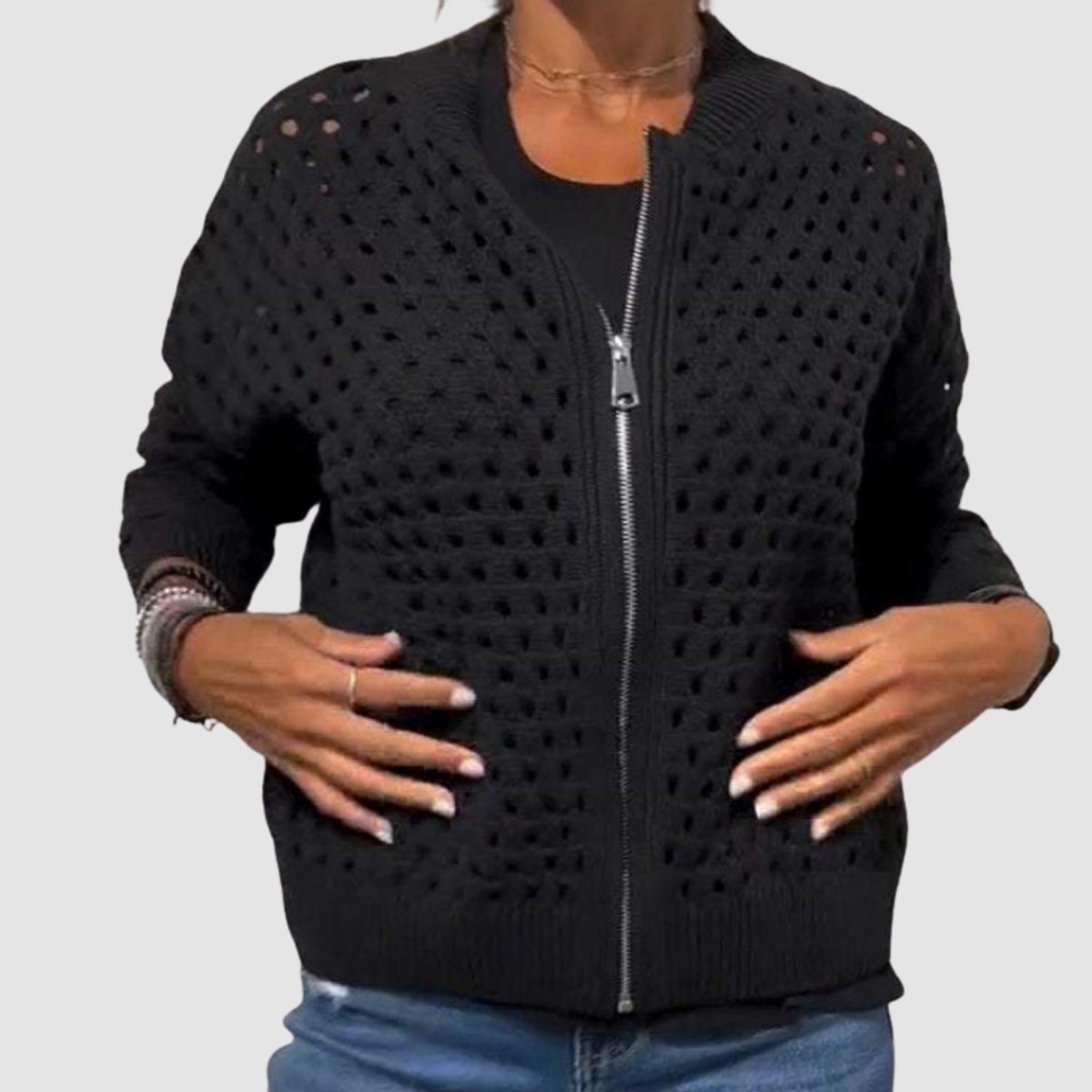 Évarine | Women's Hollow-Knit Zip-Up Cardigan