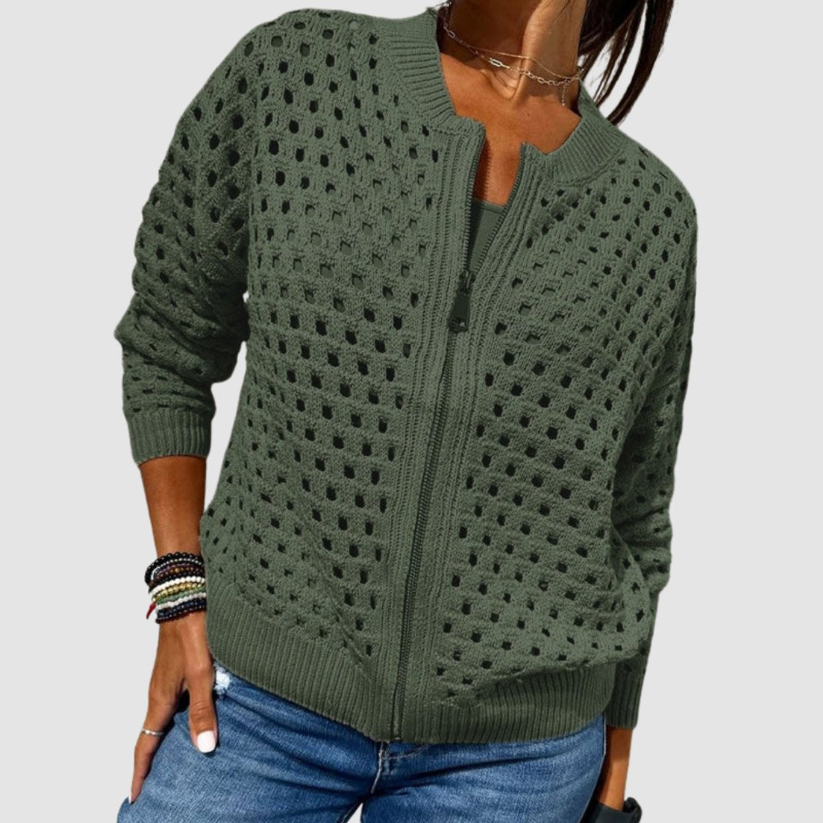 Évarine | Women's Hollow-Knit Zip-Up Cardigan