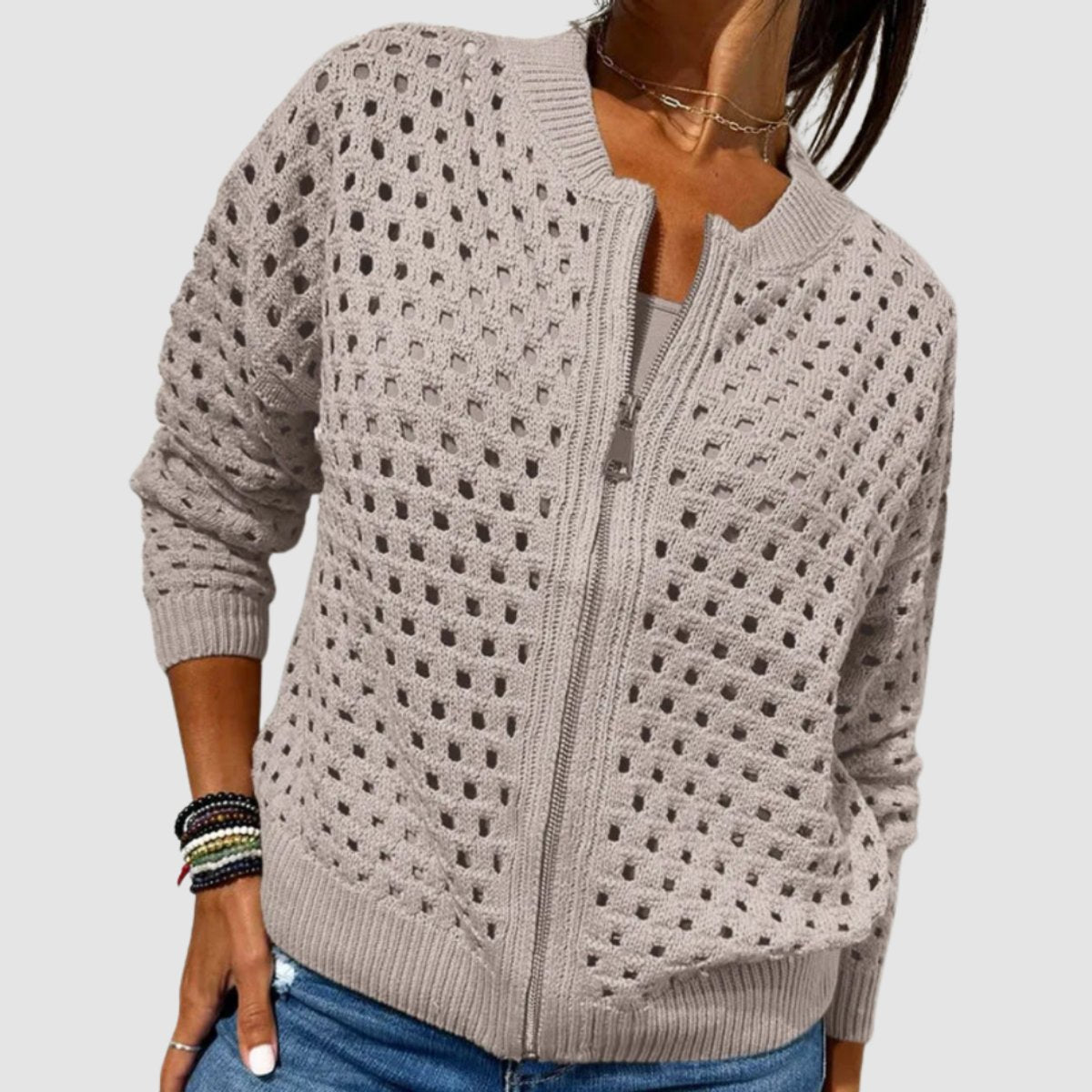 Évarine | Women's Hollow-Knit Zip-Up Cardigan
