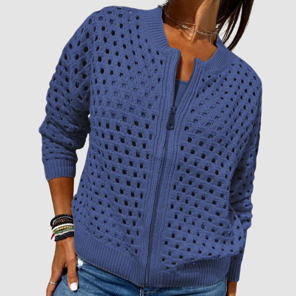 Évarine | Women's Hollow-Knit Zip-Up Cardigan