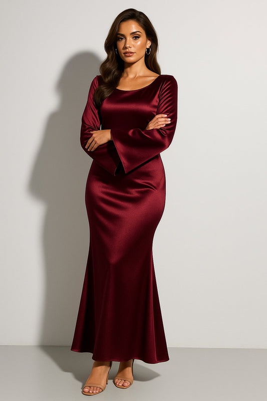 Inez | Women's Long Sleeve Satin Fishtail Maxi Dress