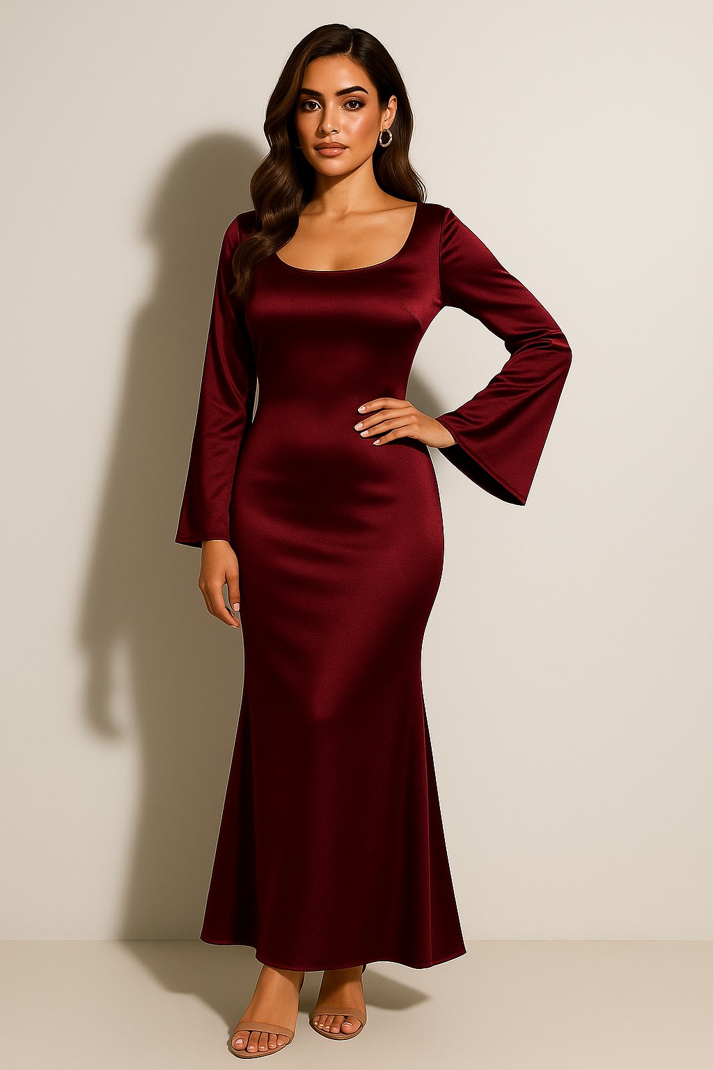 Inez | Women's Long Sleeve Satin Fishtail Maxi Dress