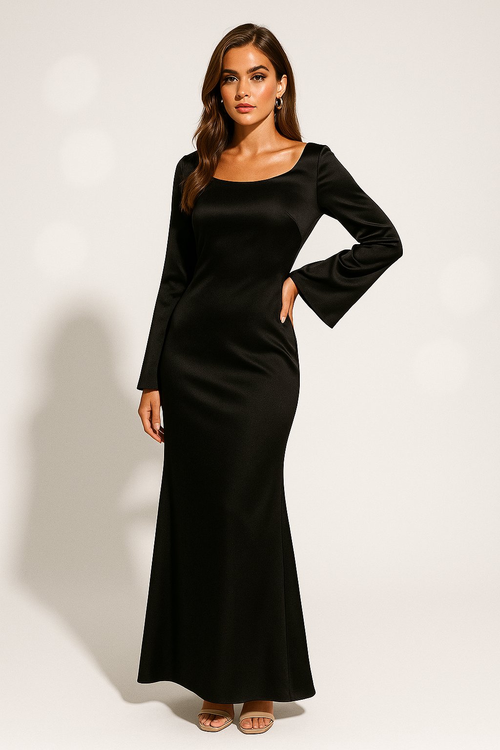 Inez | Women's Long Sleeve Satin Fishtail Maxi Dress