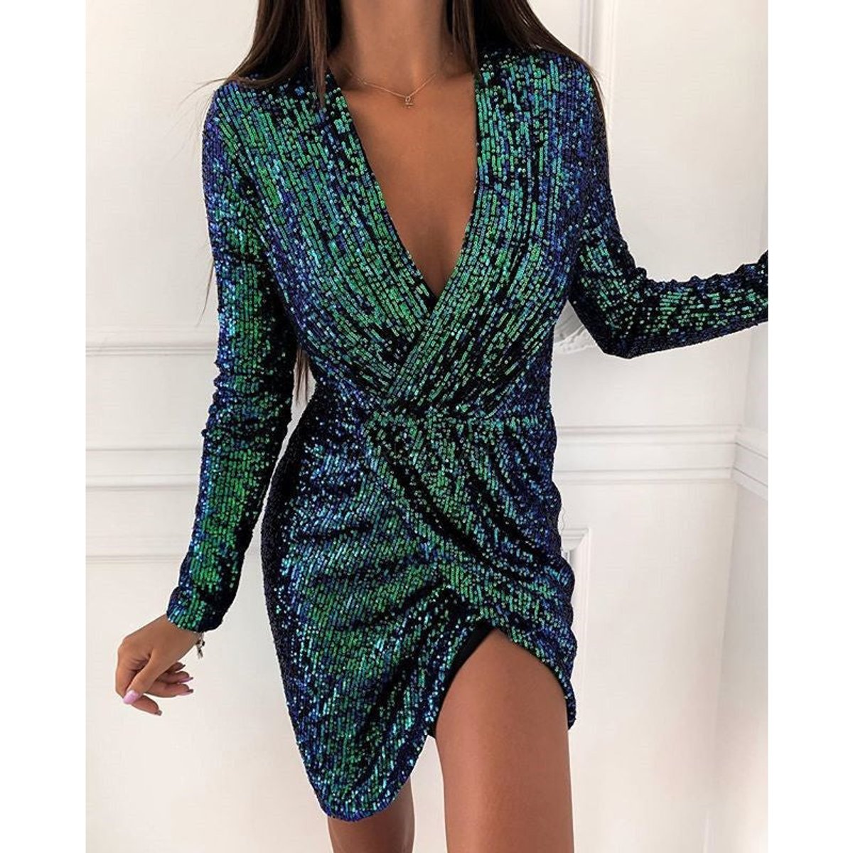 Zadie | Women's Sequin V-Neck Long Sleeve Wrap Party Dress
