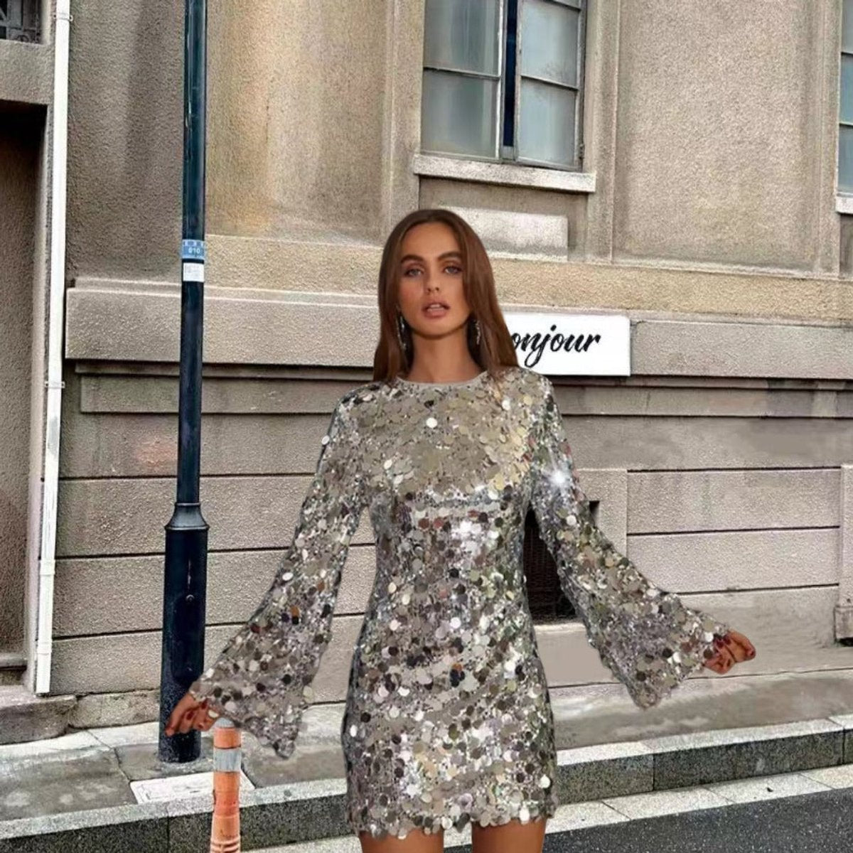 Clio | Women's Disc Sequin Long Sleeve Mini Party Dress