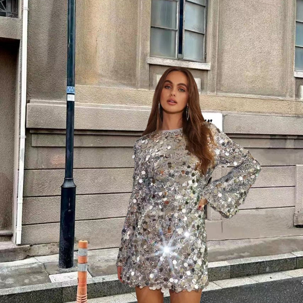 Clio | Women's Disc Sequin Long Sleeve Mini Party Dress