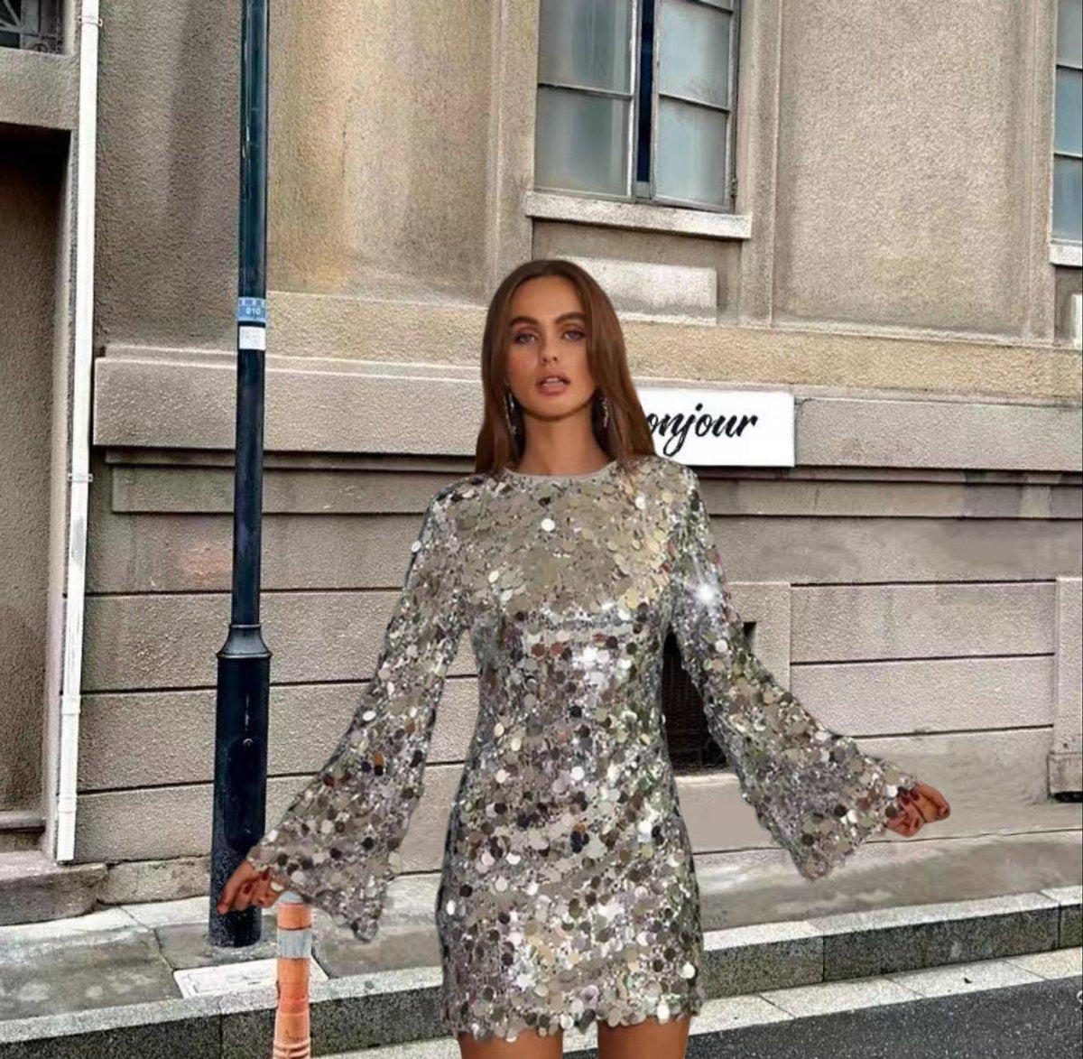 Clio | Women's Disc Sequin Long Sleeve Mini Party Dress