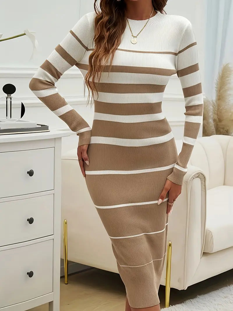 Women's Striped Ribbed Knit Long Sleeve Midi Dress