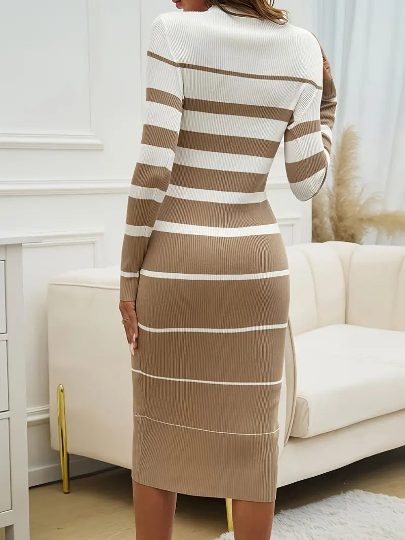 Women's Striped Ribbed Knit Long Sleeve Midi Dress