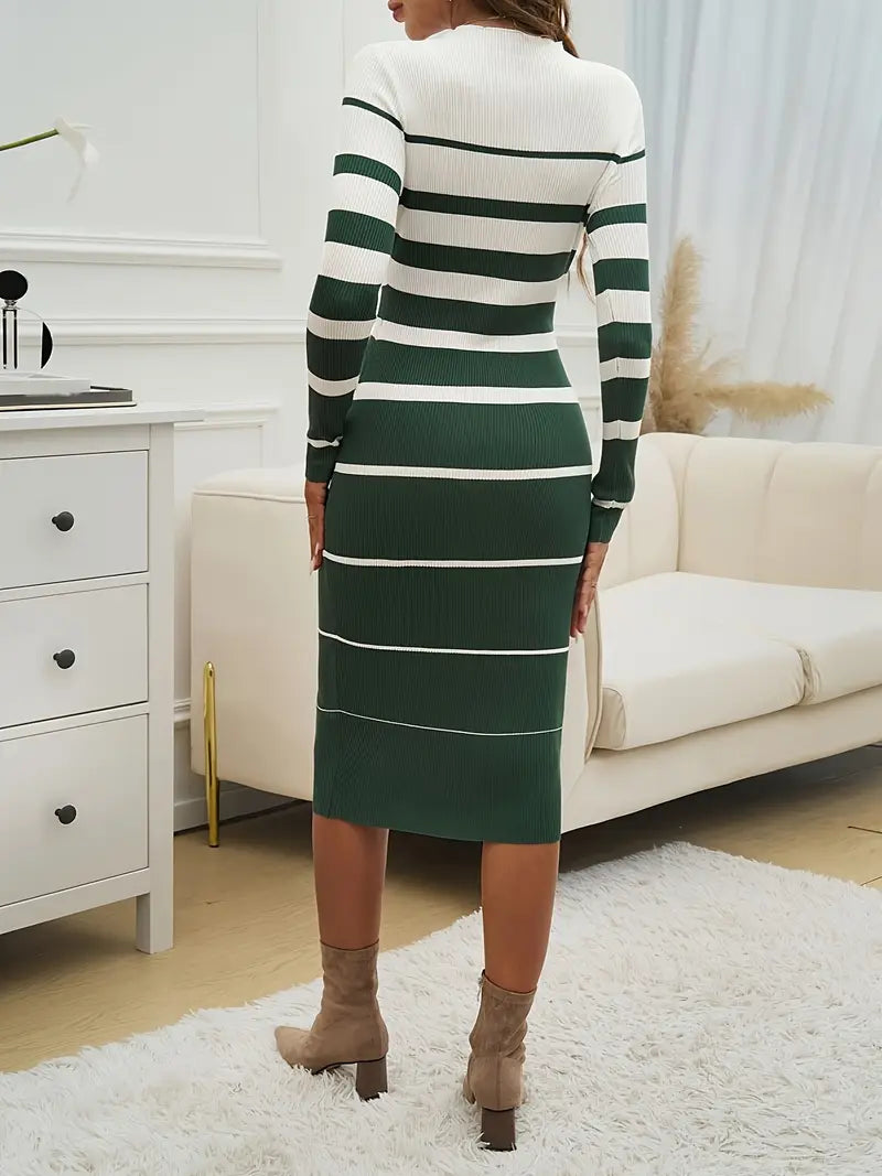 Women's Striped Ribbed Knit Long Sleeve Midi Dress
