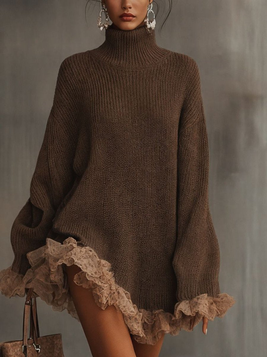 Sorcha | Women's High-Neck Knitted Jumper Dress with Lace Trim