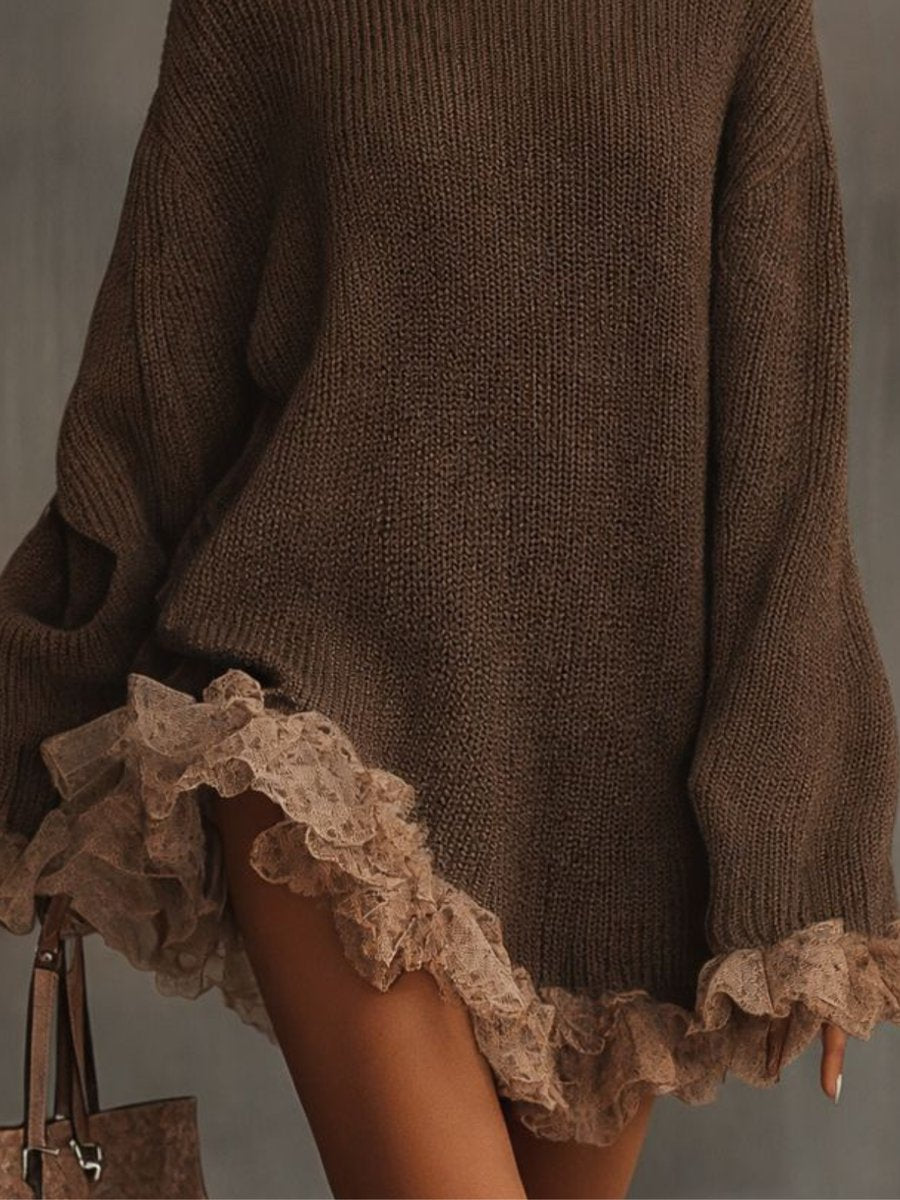 Sorcha | Women's High-Neck Knitted Jumper Dress with Lace Trim