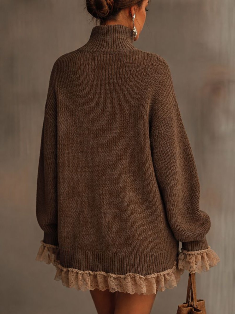 Sorcha | Women's High-Neck Knitted Jumper Dress with Lace Trim
