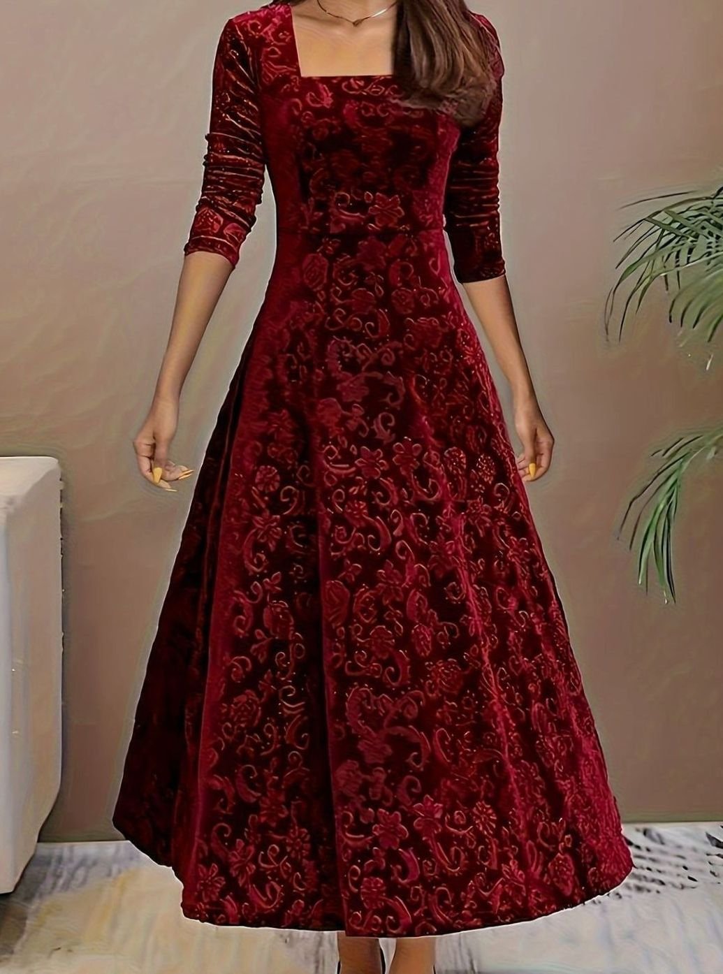Mia | Women's Embossed Velvet Square-Neck A-Line Party Dress