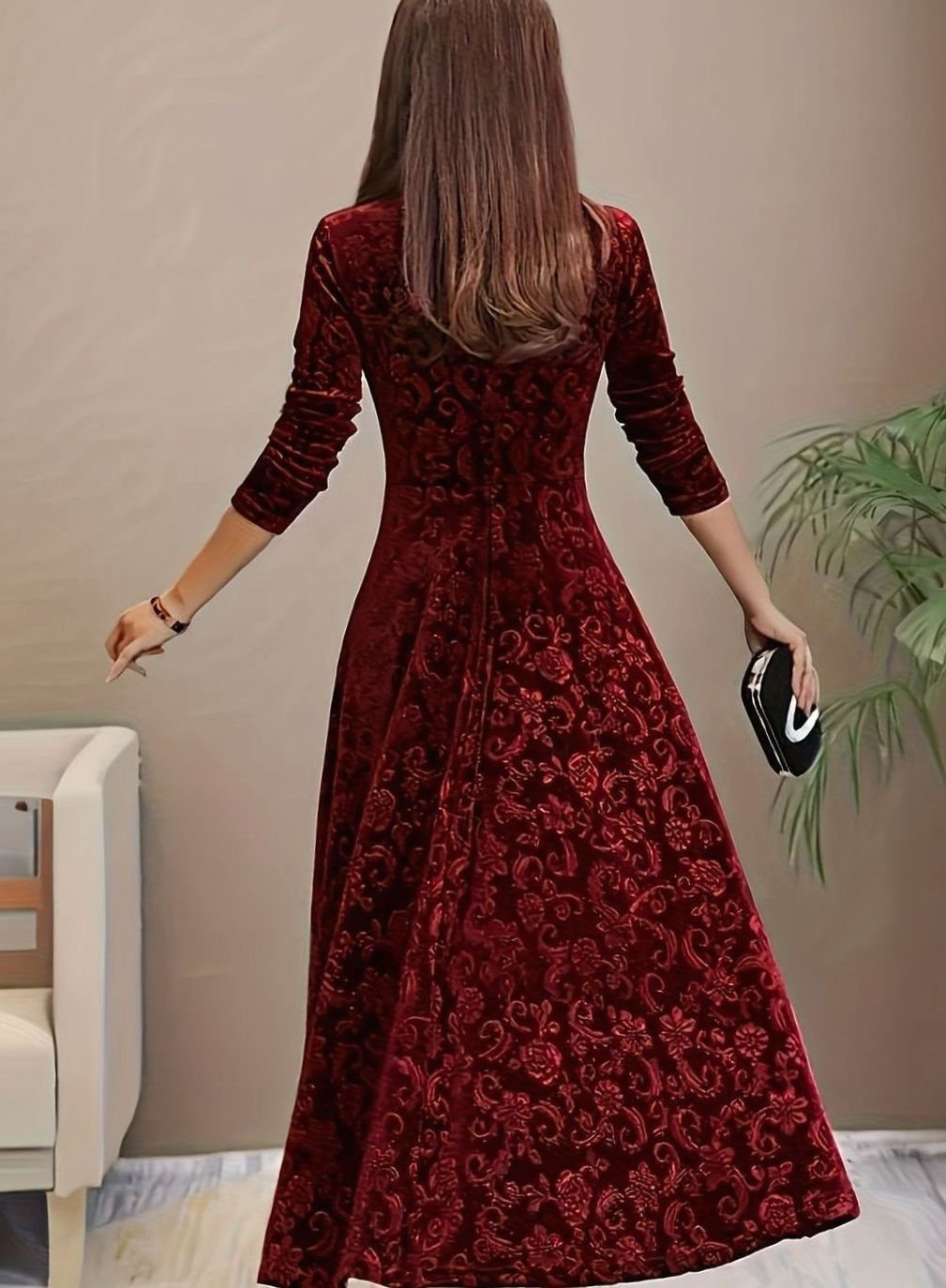 Mia | Women's Embossed Velvet Square-Neck A-Line Party Dress