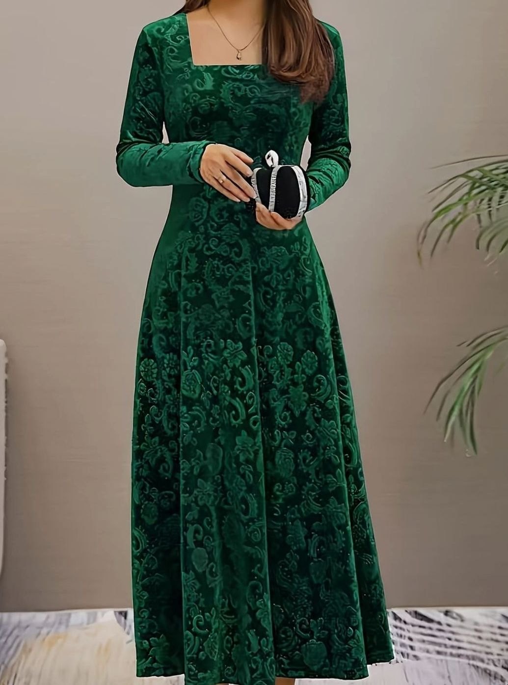 Mia | Women's Embossed Velvet Square-Neck A-Line Party Dress