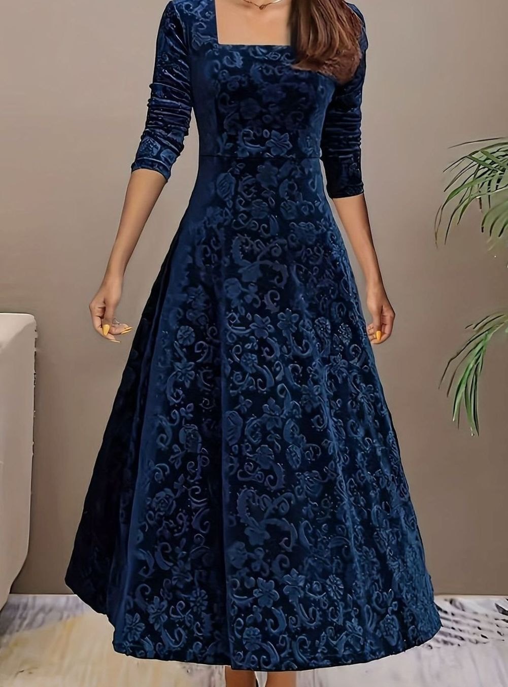 Mia | Women's Embossed Velvet Square-Neck A-Line Party Dress