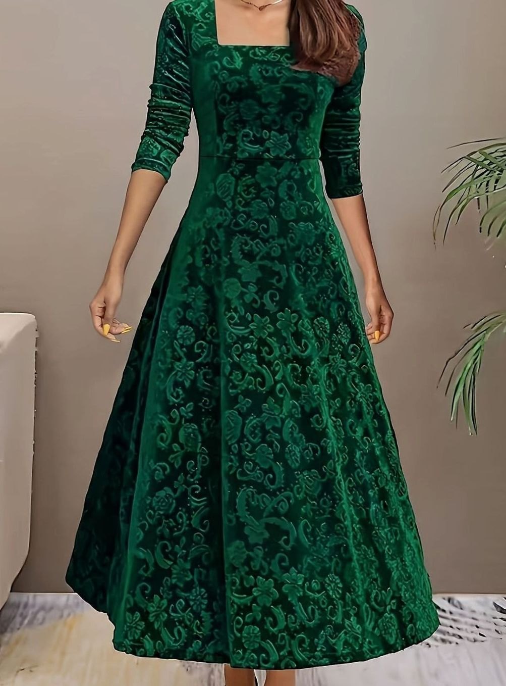 Mia | Women's Embossed Velvet Square-Neck A-Line Party Dress