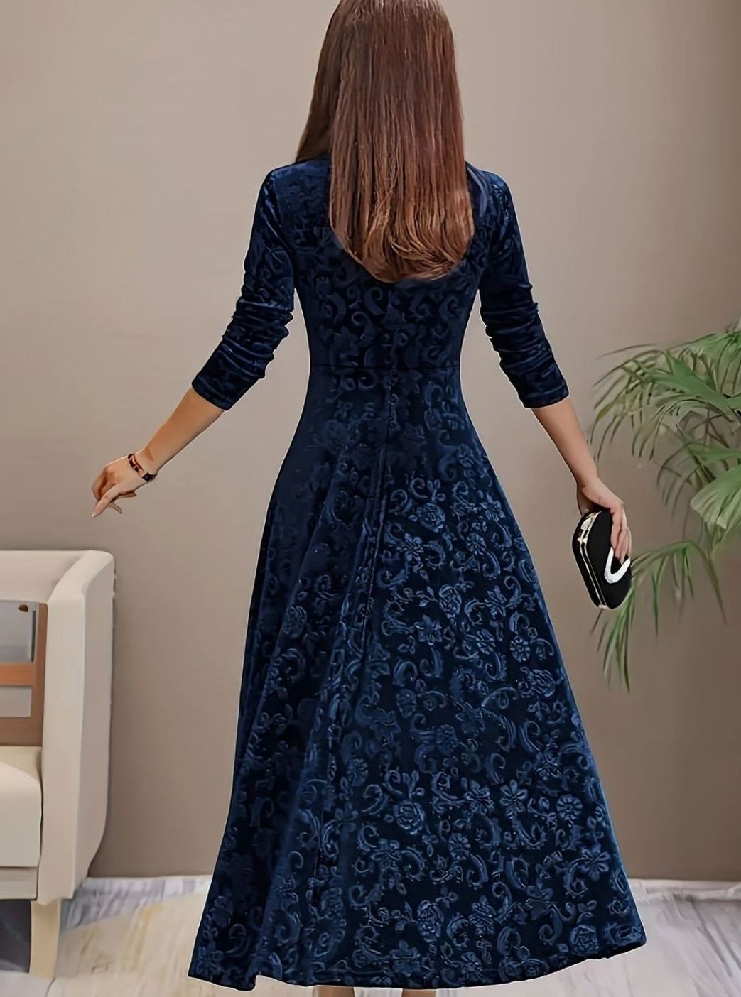 Mia | Women's Embossed Velvet Square-Neck A-Line Party Dress