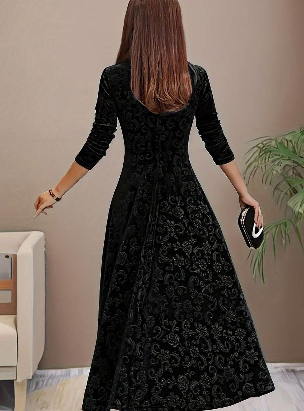 Mia | Women's Embossed Velvet Square-Neck A-Line Party Dress